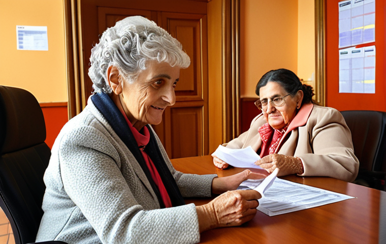 **

Prompt: A friendly, approachable Spanish civil servant (funcionario) assisting an elderly woman with her taxes at a brightly lit local government office. Focus on the warmth and human connection despite the bureaucratic setting. Incorporate typical Spanish office décor. Style: Realistic, warm lighting.

**