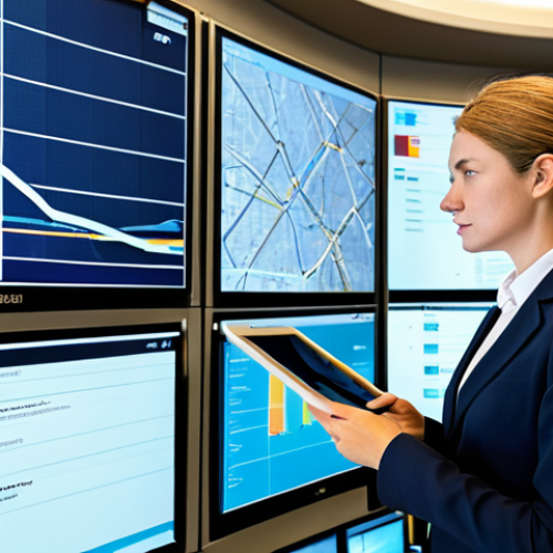 Home 18 A professional female public servant in a modest, modern business suit stands in a bright, contemporary municipal control center. Large interactive screens in the background display real-time city data such as traffic flow and public service requests. She holds a tablet, thoughtfully observing the information. The image is a high-resolution, professional photograph with natural lighting, emphasizing smart city technology and efficient governance. fully clothed, appropriate attire, safe for work, perfect anatomy, correct proportions, natural pose, well-formed hands, proper finger count, natural body proportions, appropriate content, professional, family-friendly.