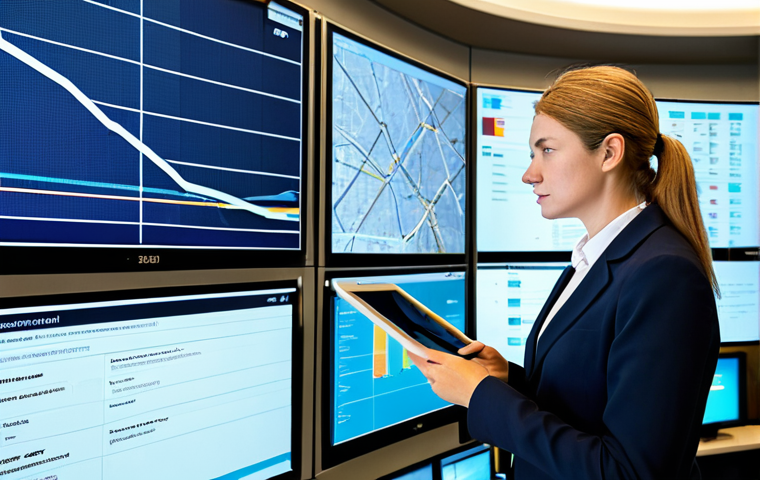 A professional female public servant in a modest, modern business suit stands in a bright, contemporary municipal control center. Large interactive screens in the background display real-time city data such as traffic flow and public service requests. She holds a tablet, thoughtfully observing the information. The image is a high-resolution, professional photograph with natural lighting, emphasizing smart city technology and efficient governance. fully clothed, appropriate attire, safe for work, perfect anatomy, correct proportions, natural pose, well-formed hands, proper finger count, natural body proportions, appropriate content, professional, family-friendly.