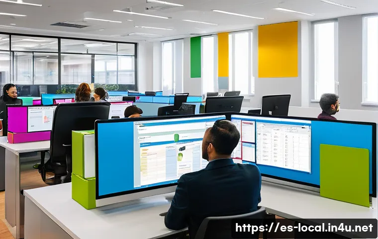 지방공무원 필수 업무 도구 활용법 - A modern public administration office scene featuring diverse government employees using digital tas...
