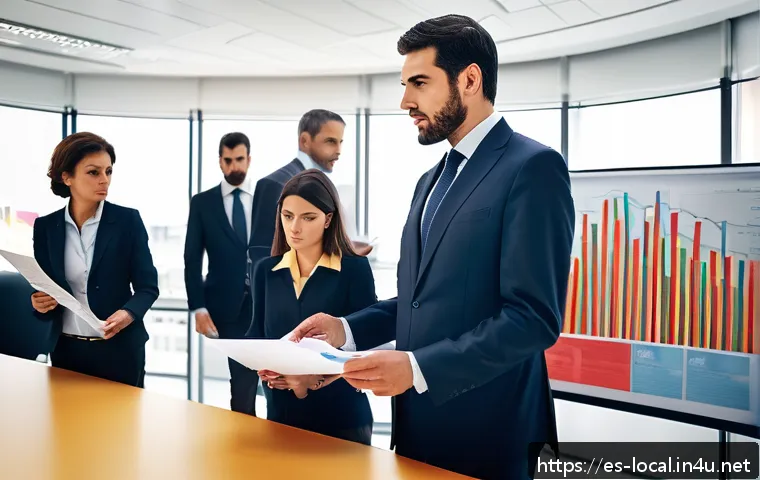 지방공무원 연봉 테이블 분석 - A detailed office scene showing a diverse group of Spanish public employees in a modern government b...
