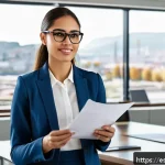 Home 23 지방공무원 이직 성공 전략 - A professional young woman wearing business casual attire and glasses, confidently presenting a clea...