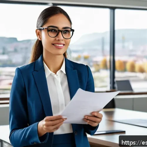 Home 17 지방공무원 이직 성공 전략 - A professional young woman wearing business casual attire and glasses, confidently presenting a clea...