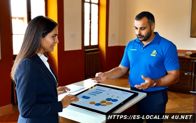 Home 13 지방공무원 직무 능력 평가 사례 - Photorealistic municipal employee performance evaluation meeting in a modern Spanish town hall offic...